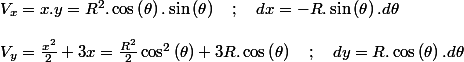 V_{x}=x.y=R^{2}.\cos\left(\theta\right).\sin\left(\theta\right)\quad;\quad dx=-R.\sin\left(\theta\right).d\theta
 \\ 
 \\ V_{y}=\frac{x^{2}}{2}+3x=\frac{R^{2}}{2}\cos^{2}\left(\theta\right)+3R.\cos\left(\theta\right)\quad;\quad dy=R.\cos\left(\theta\right).d\theta